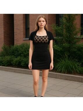 Saint Tropez West Black Poka Dot mini Dress Body Con Size 6